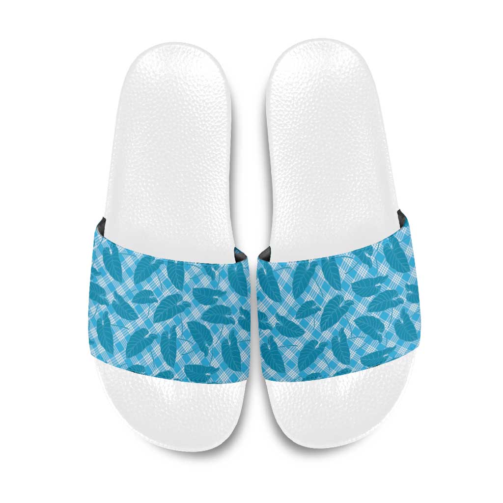 Blue Hawaii Kalo Palaka Motifs Slide Sandals Hawaiian Taro Leaves Elegant Vibes LT14 Blue - Polynesian Pride
