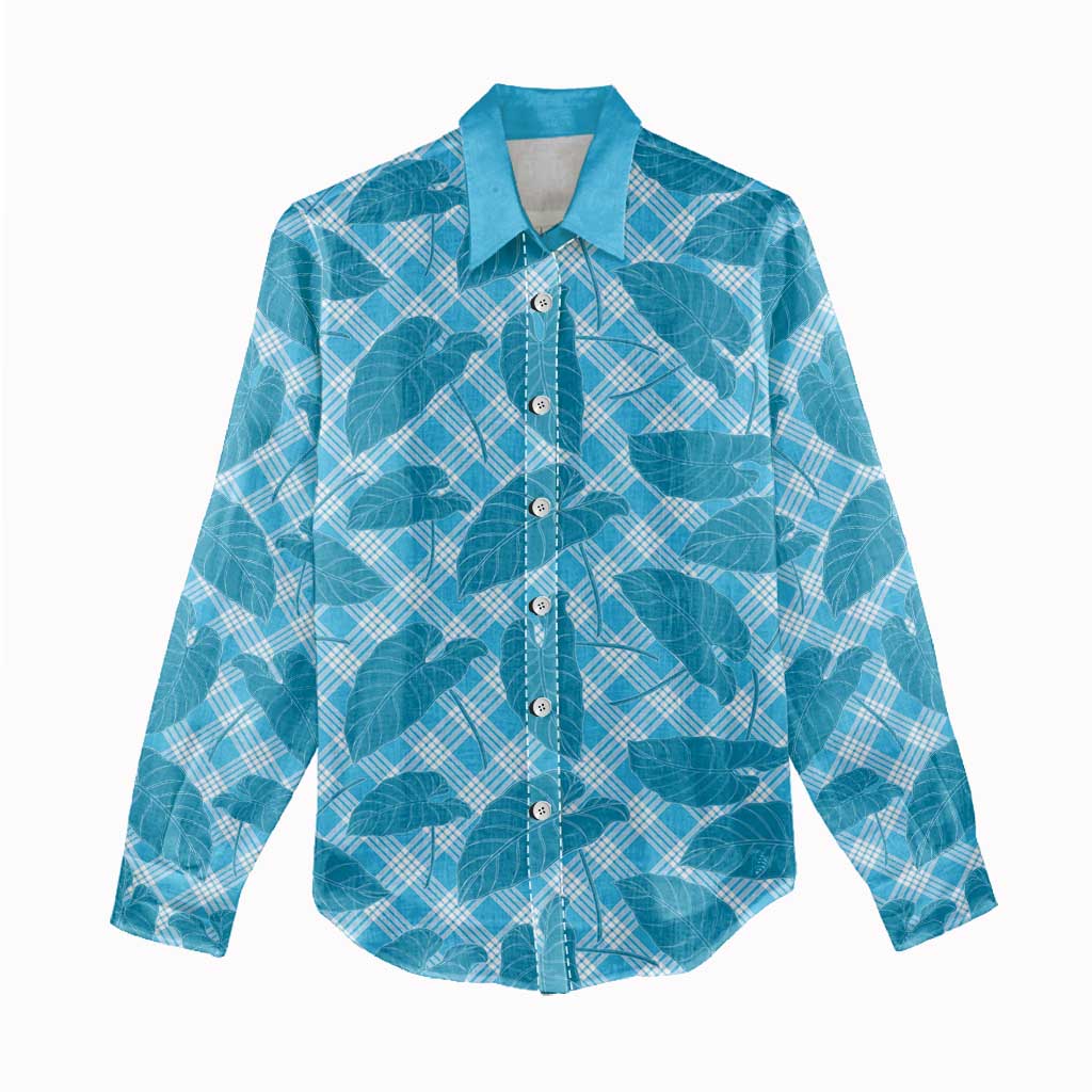 Blue Hawaii Kalo Palaka Motifs Women Casual Shirt Hawaiian Taro Leaves Elegant Vibes LT14 - Polynesian Pride