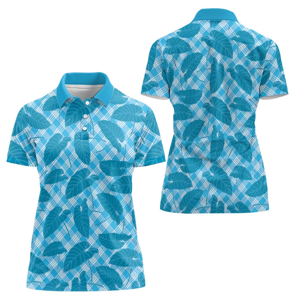 Blue Hawaii Kalo Palaka Motifs Women Polo Shirt Hawaiian Taro Leaves Elegant Vibes LT14 - Polynesian Pride