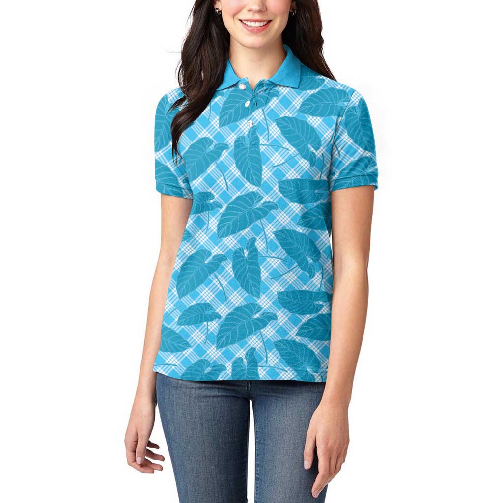 Blue Hawaii Kalo Palaka Motifs Women Polo Shirt Hawaiian Taro Leaves Elegant Vibes LT14 - Polynesian Pride
