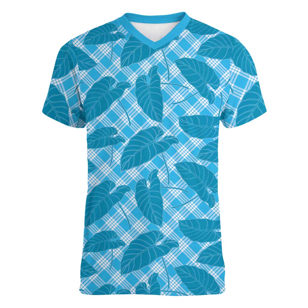 Blue Hawaii Kalo Palaka Motifs Women V-Neck T-Shirt Hawaiian Taro Leaves Elegant Vibes LT14 Female Blue - Polynesian Pride