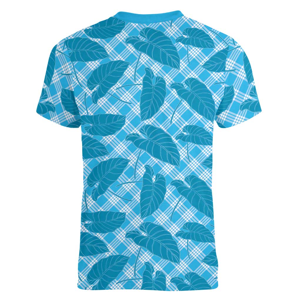 Blue Hawaii Kalo Palaka Motifs Women V-Neck T-Shirt Hawaiian Taro Leaves Elegant Vibes LT14 - Polynesian Pride