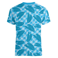 Blue Hawaii Kalo Palaka Motifs Women V-Neck T-Shirt Hawaiian Taro Leaves Elegant Vibes LT14 - Polynesian Pride