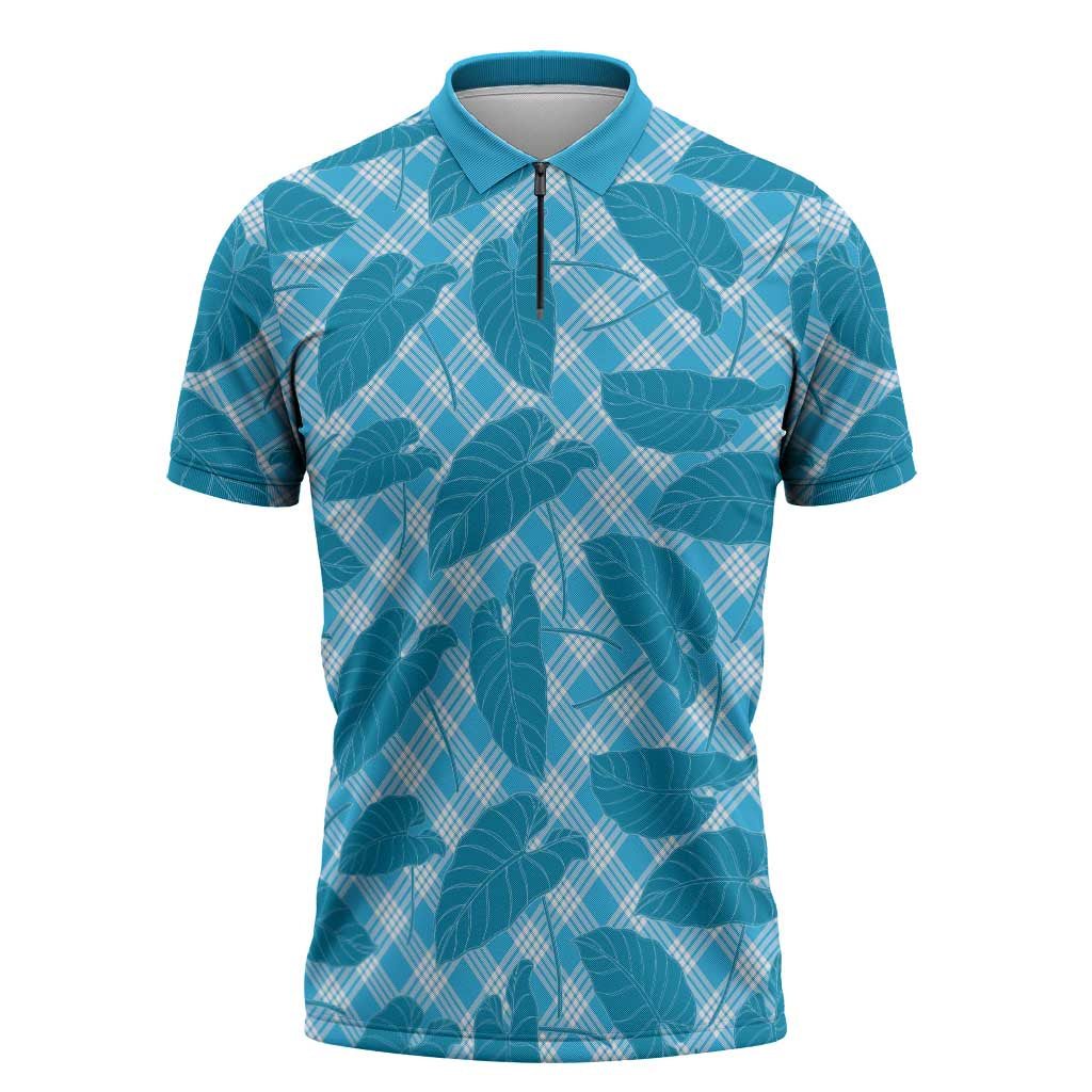 Blue Hawaii Kalo Palaka Motifs Zipper Polo Shirt Hawaiian Taro Leaves Elegant Vibes LT14 Blue - Polynesian Pride
