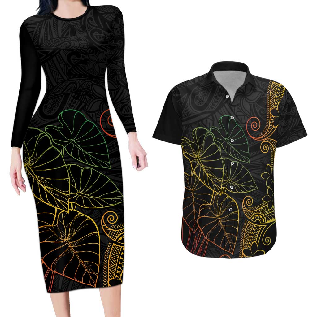 Aloha Hawaii Kalo Couples Matching Long Sleeve Bodycon Dress and Hawaiian Shirt Reggae Taro Polynesian Pattern - Polynesian Pride