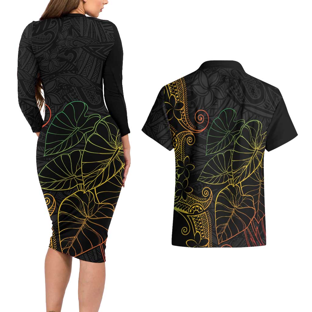 Aloha Hawaii Kalo Couples Matching Long Sleeve Bodycon Dress and Hawaiian Shirt Reggae Taro Polynesian Pattern - Polynesian Pride