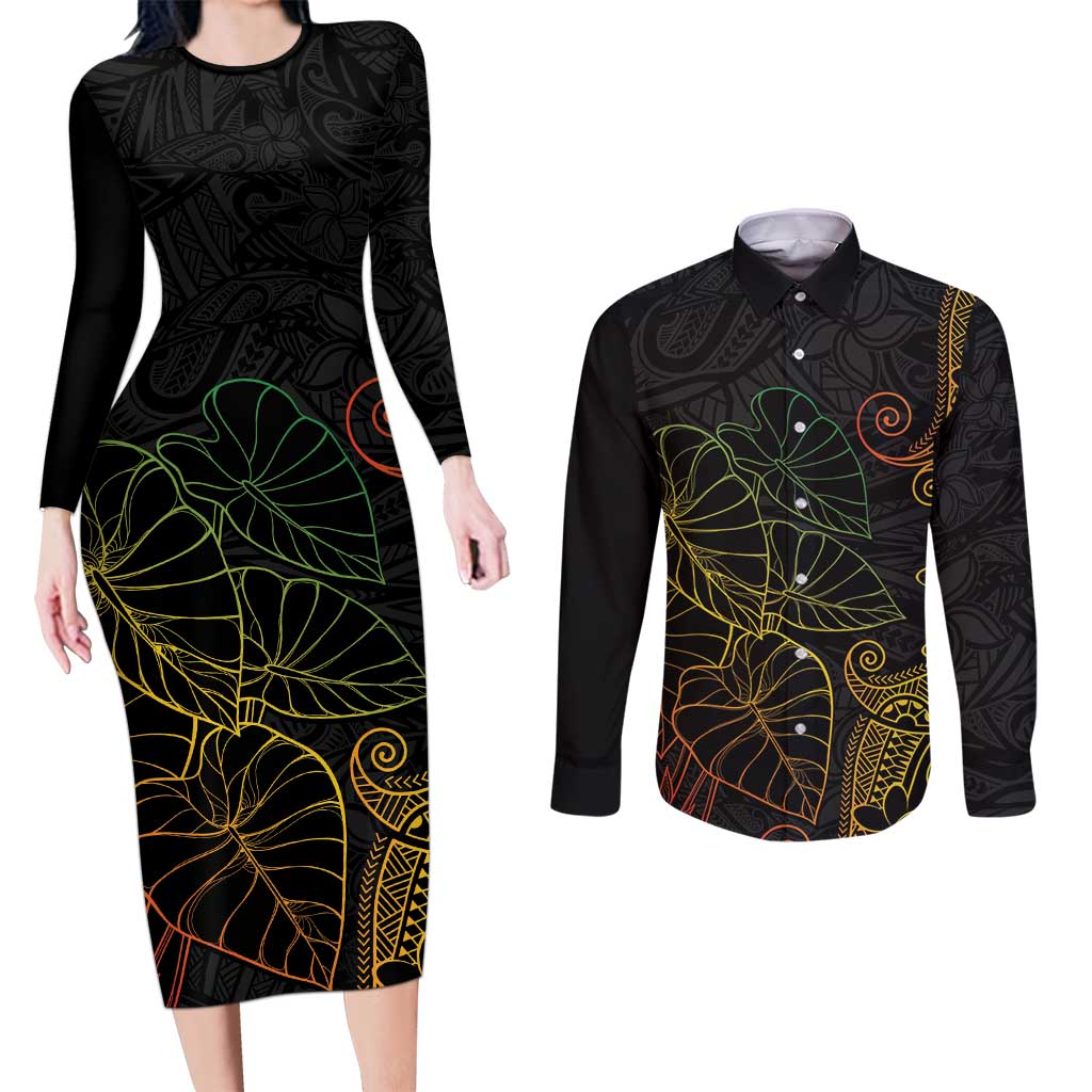 Aloha Hawaii Kalo Couples Matching Long Sleeve Bodycon Dress and Long Sleeve Button Shirt Reggae Taro Polynesian Pattern LT14 Black - Polynesian Pride