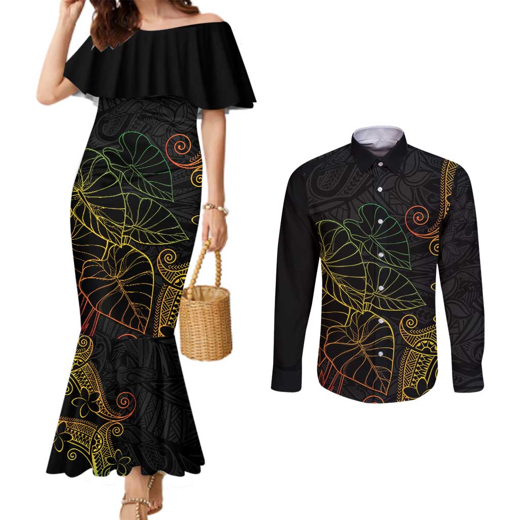 Aloha Hawaii Kalo Couples Matching Mermaid Dress and Long Sleeve Button Shirt Reggae Taro Polynesian Pattern - Polynesian Pride