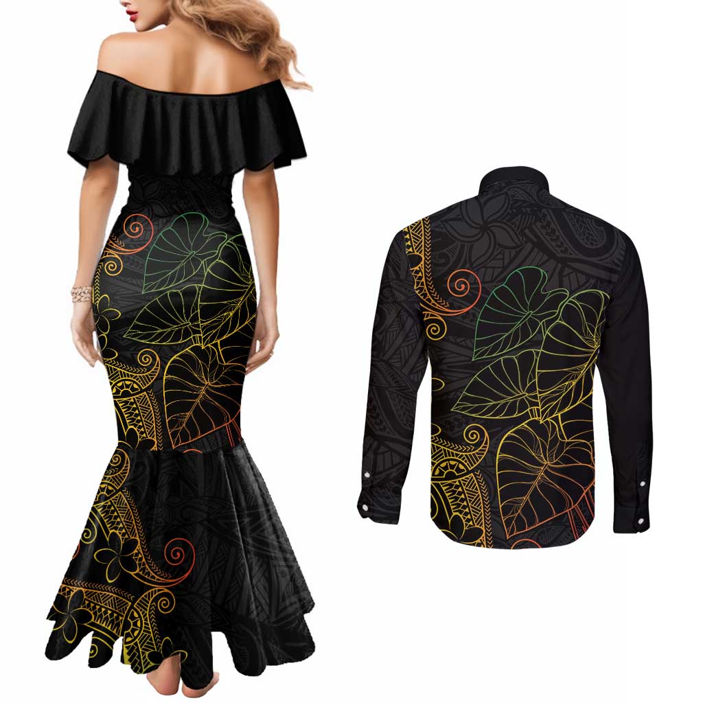 Aloha Hawaii Kalo Couples Matching Mermaid Dress and Long Sleeve Button Shirt Reggae Taro Polynesian Pattern - Polynesian Pride