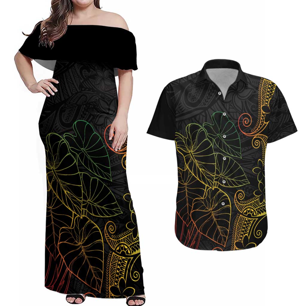 Aloha Hawaii Kalo Couples Matching Off Shoulder Maxi Dress and Hawaiian Shirt Reggae Taro Polynesian Pattern - Polynesian Pride