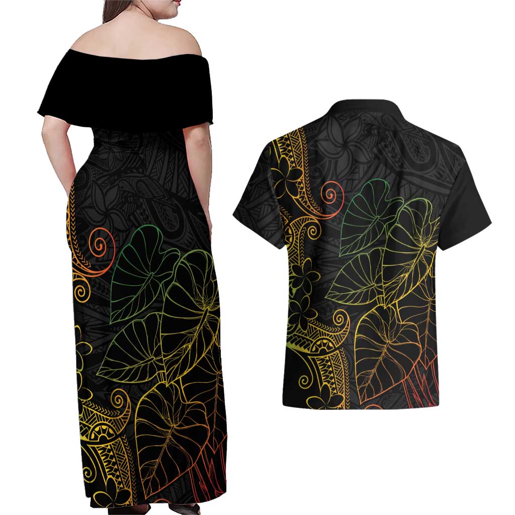 Aloha Hawaii Kalo Couples Matching Off Shoulder Maxi Dress and Hawaiian Shirt Reggae Taro Polynesian Pattern - Polynesian Pride
