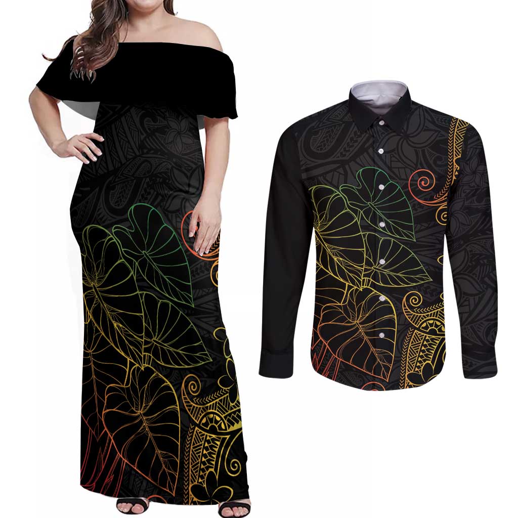Aloha Hawaii Kalo Couples Matching Off Shoulder Maxi Dress and Long Sleeve Button Shirt Reggae Taro Polynesian Pattern - Polynesian Pride