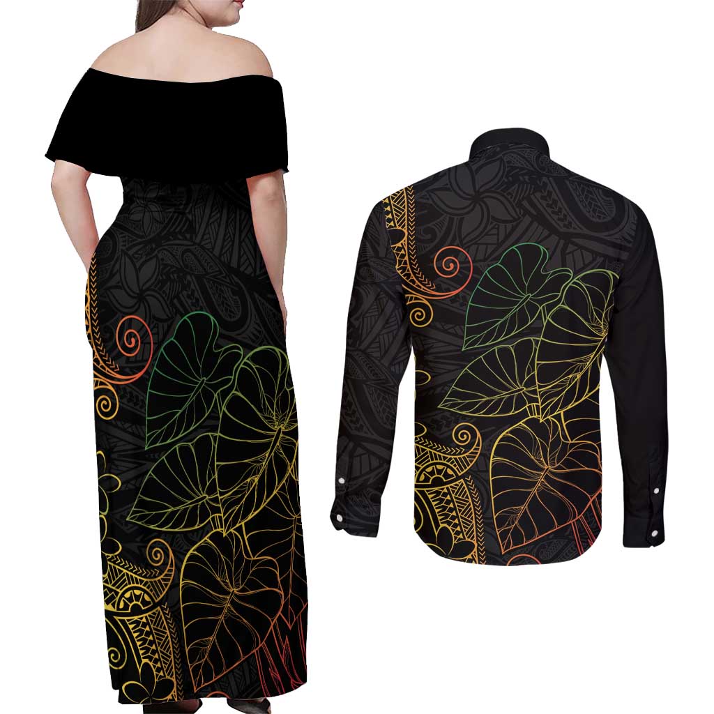 Aloha Hawaii Kalo Couples Matching Off Shoulder Maxi Dress and Long Sleeve Button Shirt Reggae Taro Polynesian Pattern - Polynesian Pride
