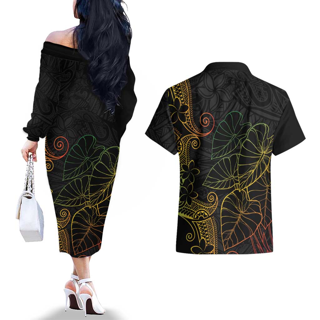 Aloha Hawaii Kalo Couples Matching Off The Shoulder Long Sleeve Dress and Hawaiian Shirt Reggae Taro Polynesian Pattern - Polynesian Pride