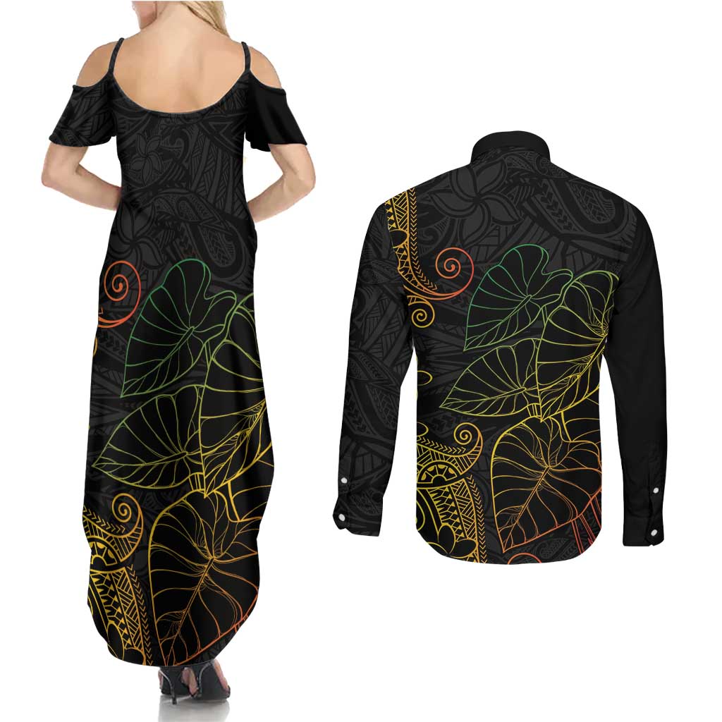 Aloha Hawaii Kalo Couples Matching Summer Maxi Dress and Long Sleeve Button Shirt Reggae Taro Polynesian Pattern - Polynesian Pride