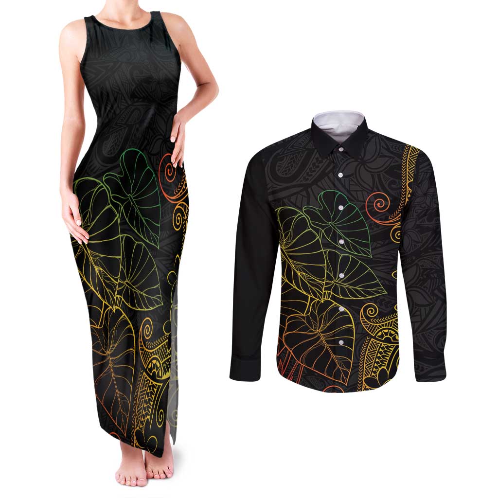 Aloha Hawaii Kalo Couples Matching Tank Maxi Dress and Long Sleeve Button Shirt Reggae Taro Polynesian Pattern LT14 Black - Polynesian Pride