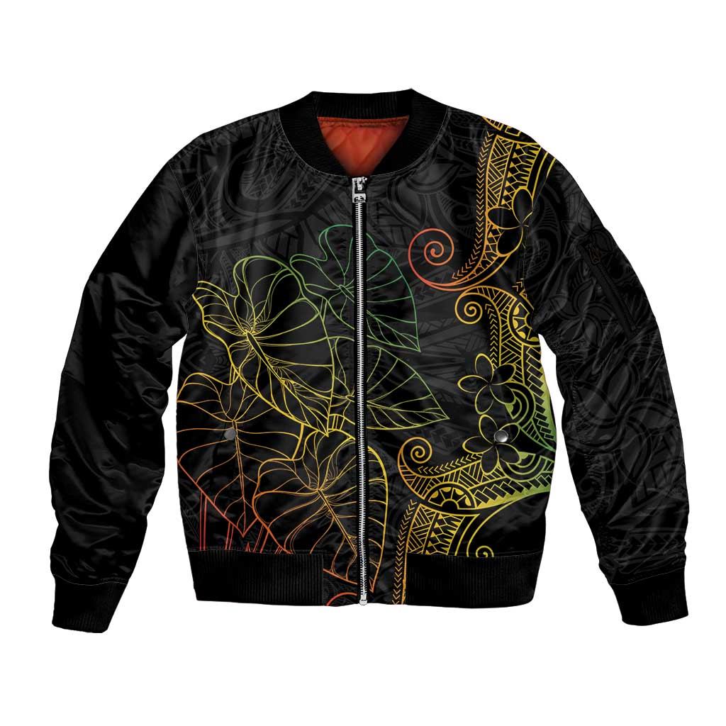 Aloha Hawaii Kalo Sleeve Zip Bomber Jacket Reggae Taro Polynesian Pattern LT14 Unisex Black - Polynesian Pride