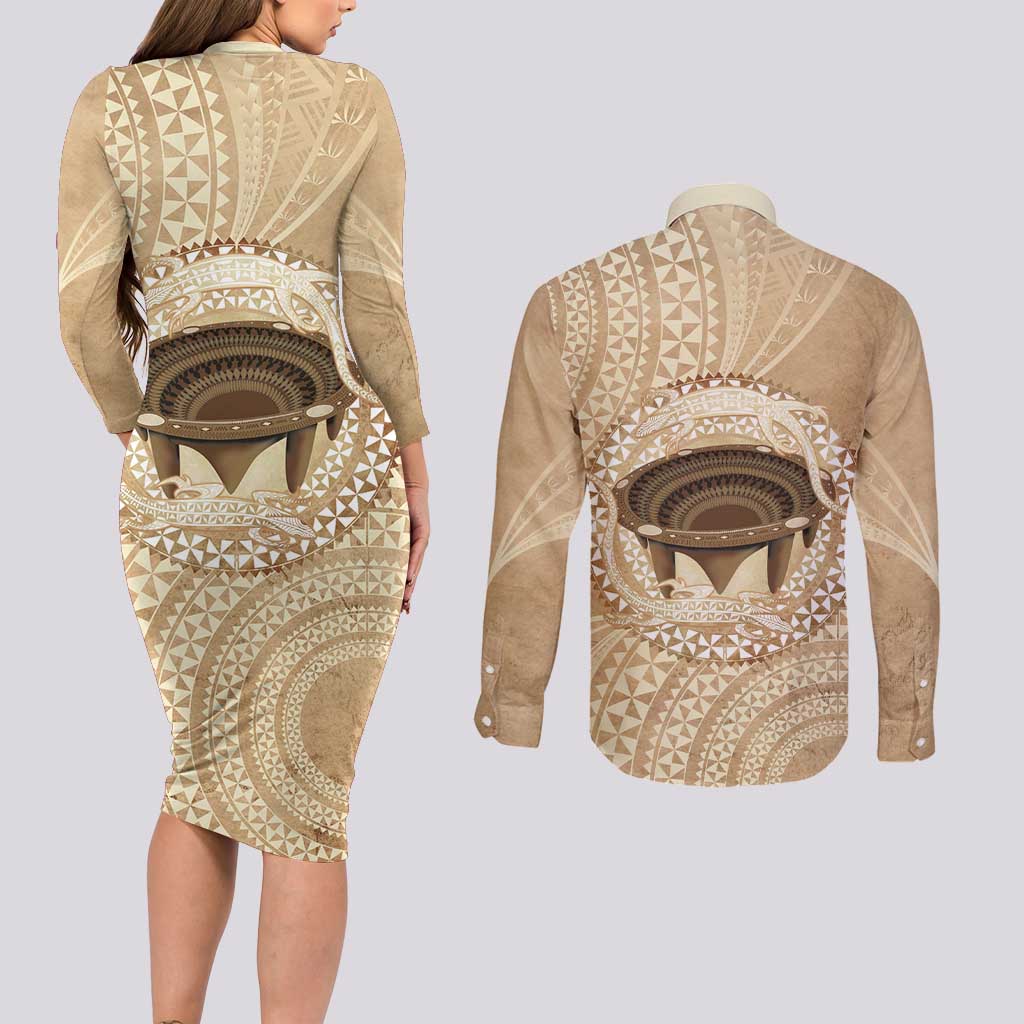 Tonga Skink Kava Bowl Couples Matching Long Sleeve Bodycon Dress and Long Sleeve Button Shirt Vintage Tongan Ngatu Pattern