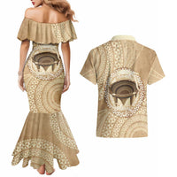 Tonga Skink Kava Bowl Couples Matching Mermaid Dress and Hawaiian Shirt Vintage Tongan Ngatu Pattern