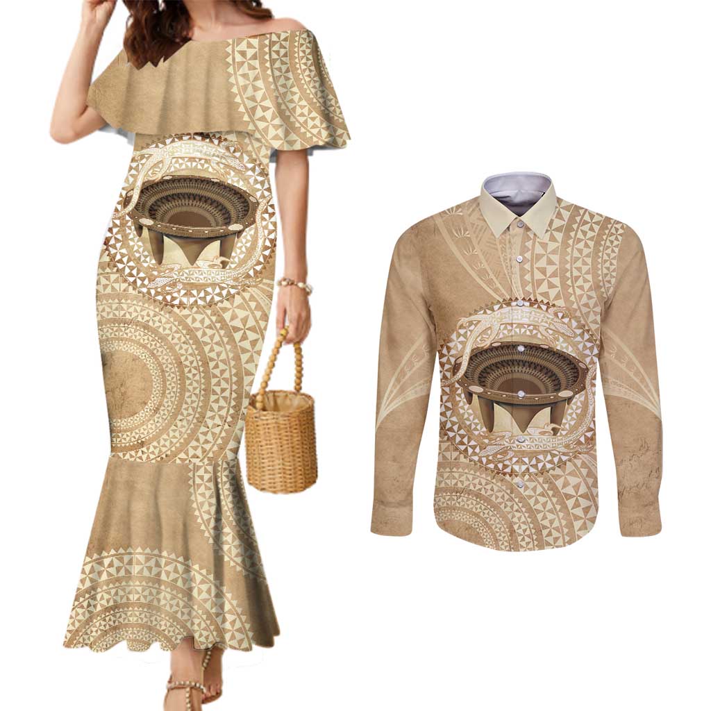 Tonga Skink Kava Bowl Couples Matching Mermaid Dress and Long Sleeve Button Shirt Vintage Tongan Ngatu Pattern