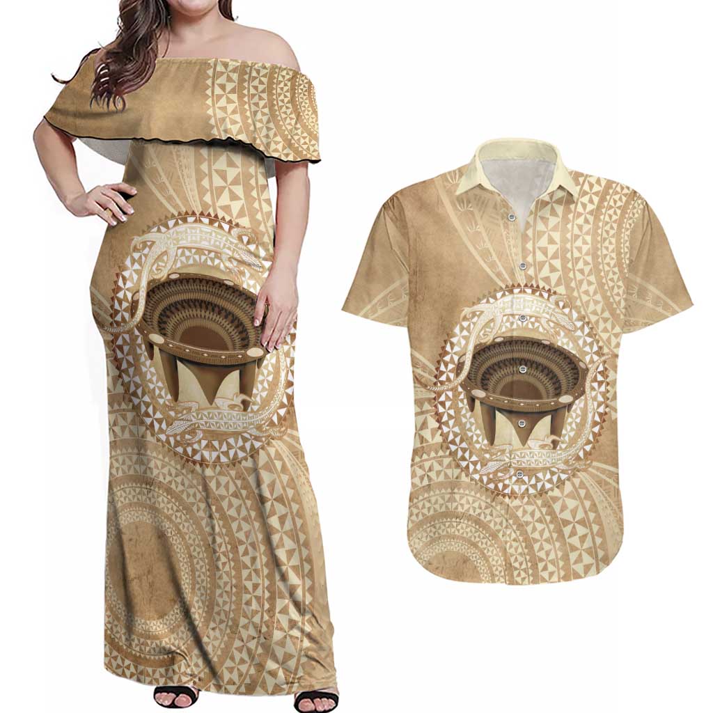 Tonga Skink Kava Bowl Couples Matching Off Shoulder Maxi Dress and Hawaiian Shirt Vintage Tongan Ngatu Pattern LT14 Brown - Polynesian Pride