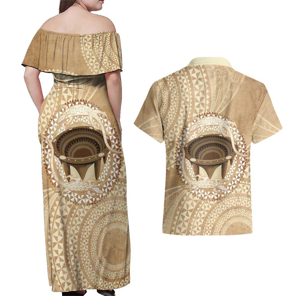 Tonga Skink Kava Bowl Couples Matching Off Shoulder Maxi Dress and Hawaiian Shirt Vintage Tongan Ngatu Pattern LT14 - Polynesian Pride
