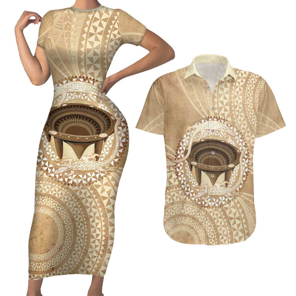 Tonga Skink Kava Bowl Couples Matching Short Sleeve Bodycon Dress and Hawaiian Shirt Vintage Tongan Ngatu Pattern LT14 Brown - Polynesian Pride