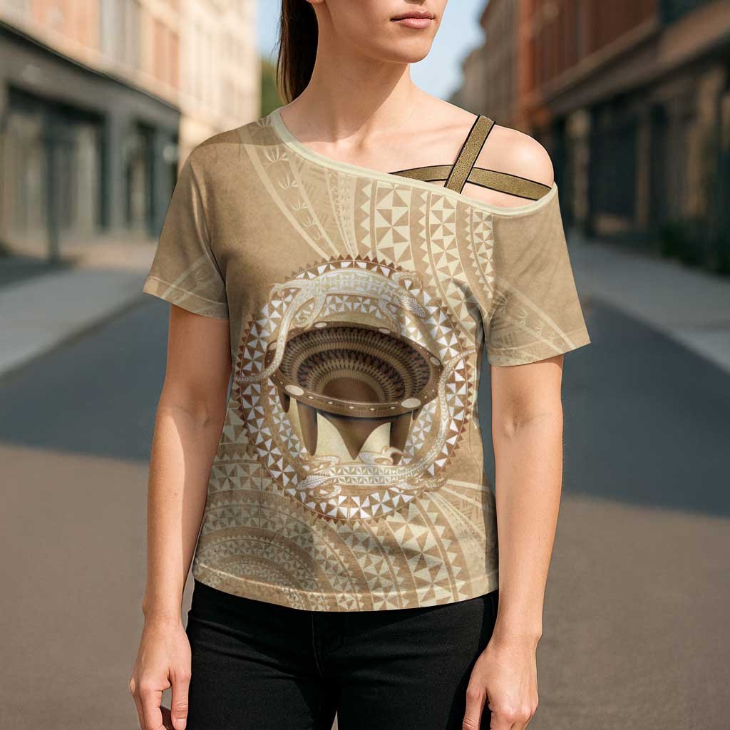 Tonga Skink Kava Bowl Cross Shoulder Shirt Vintage Tongan Ngatu Pattern