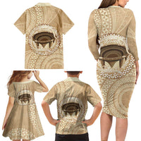 Tonga Skink Kava Bowl Family Matching Long Sleeve Bodycon Dress and Hawaiian Shirt Vintage Tongan Ngatu Pattern LT14 - Polynesian Pride