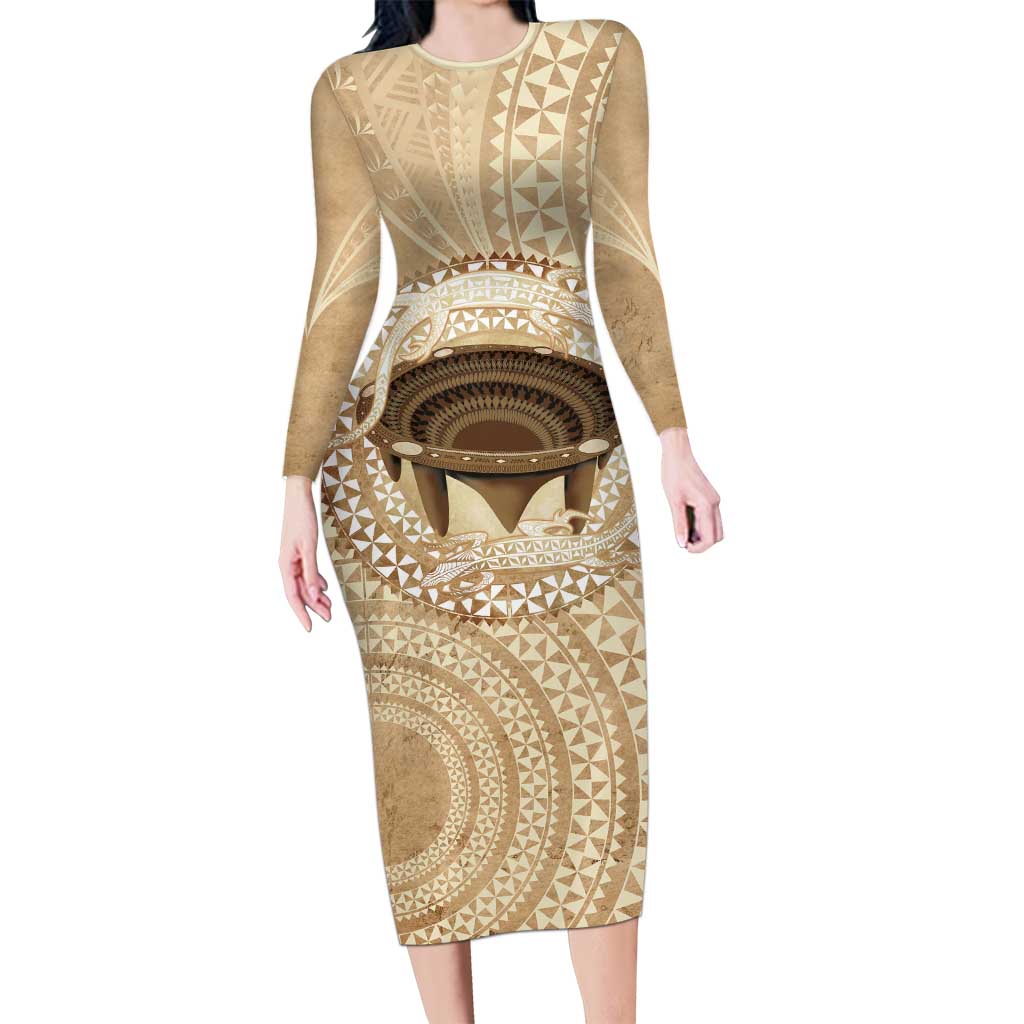 Tonga Skink Kava Bowl Family Matching Long Sleeve Bodycon Dress and Hawaiian Shirt Vintage Tongan Ngatu Pattern LT14 Mom's Dress Brown - Polynesian Pride