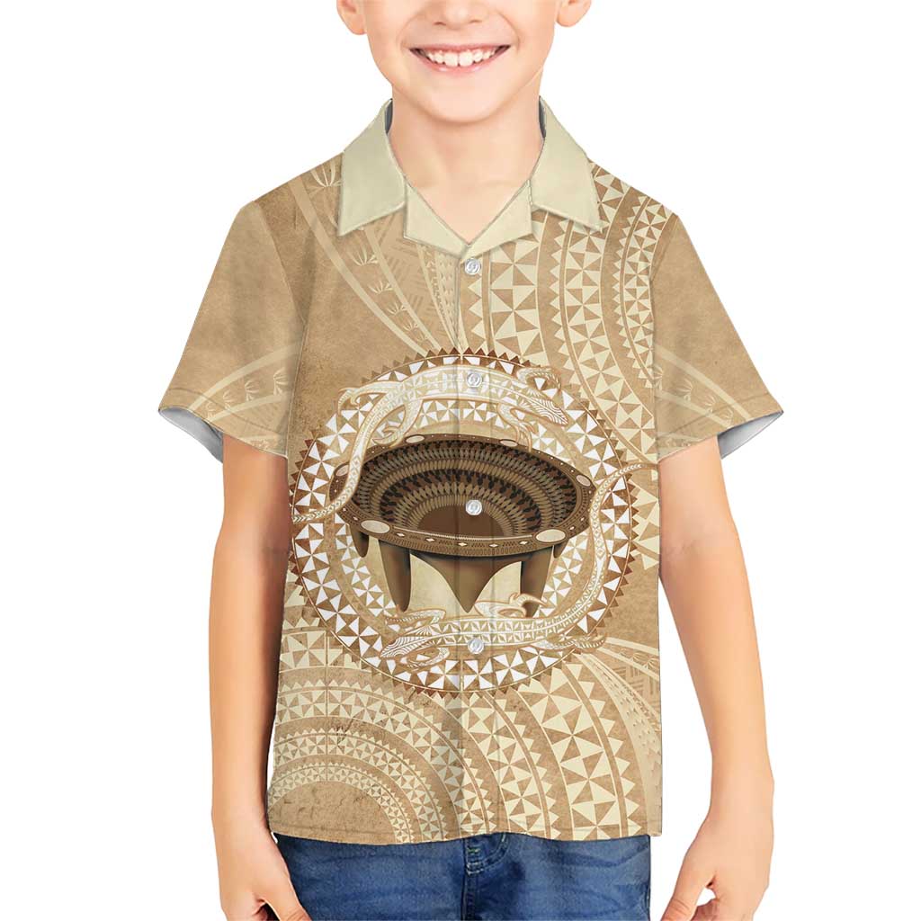 Tonga Skink Kava Bowl Family Matching Long Sleeve Bodycon Dress and Hawaiian Shirt Vintage Tongan Ngatu Pattern LT14 Son's Shirt Brown - Polynesian Pride