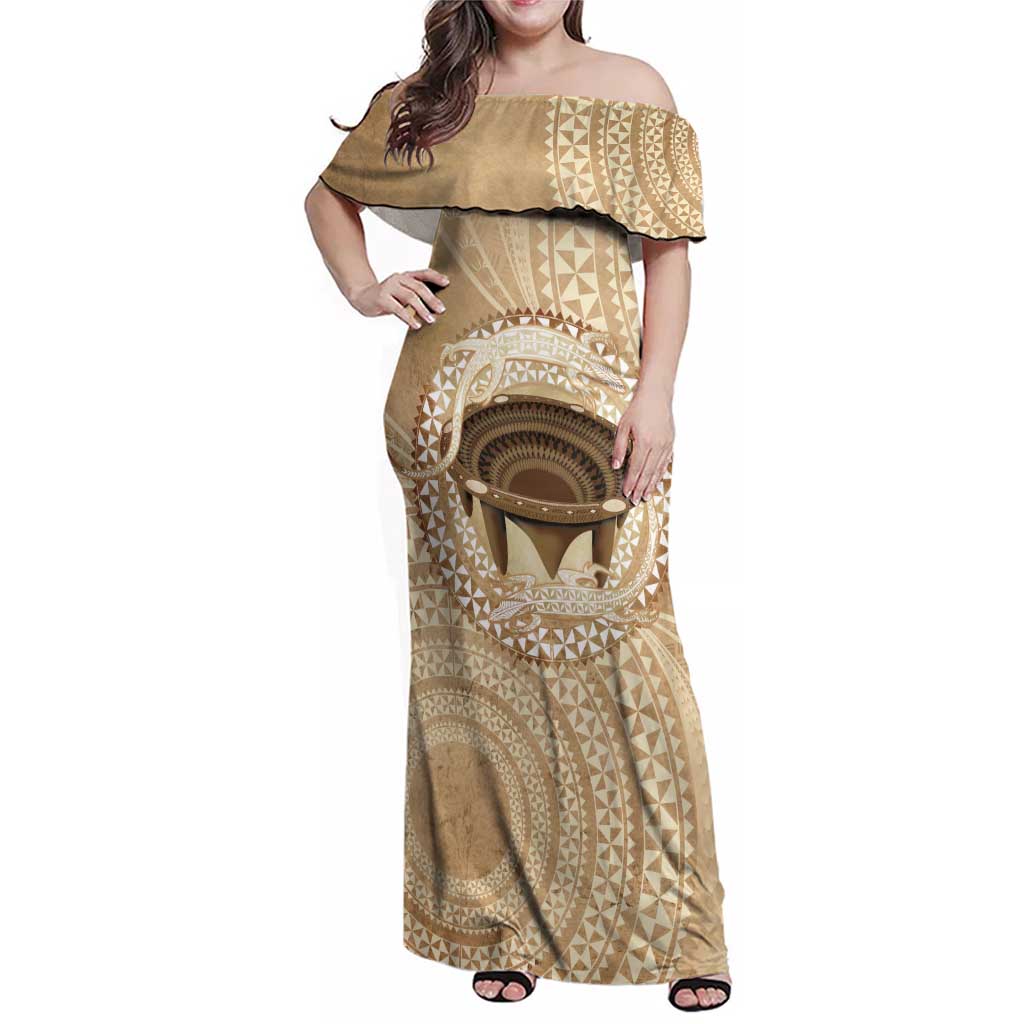 Tonga Skink Kava Bowl Family Matching Off Shoulder Maxi Dress and Hawaiian Shirt Vintage Tongan Ngatu Pattern LT14 Mom's Dress Brown - Polynesian Pride