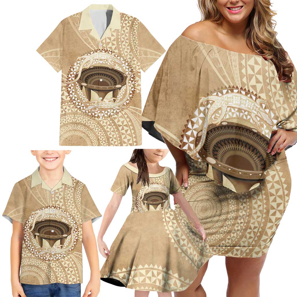 Tonga Skink Kava Bowl Family Matching Off Shoulder Short Dress and Hawaiian Shirt Vintage Tongan Ngatu Pattern LT14 - Polynesian Pride