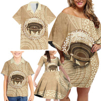 Tonga Skink Kava Bowl Family Matching Off Shoulder Short Dress and Hawaiian Shirt Vintage Tongan Ngatu Pattern LT14 - Polynesian Pride