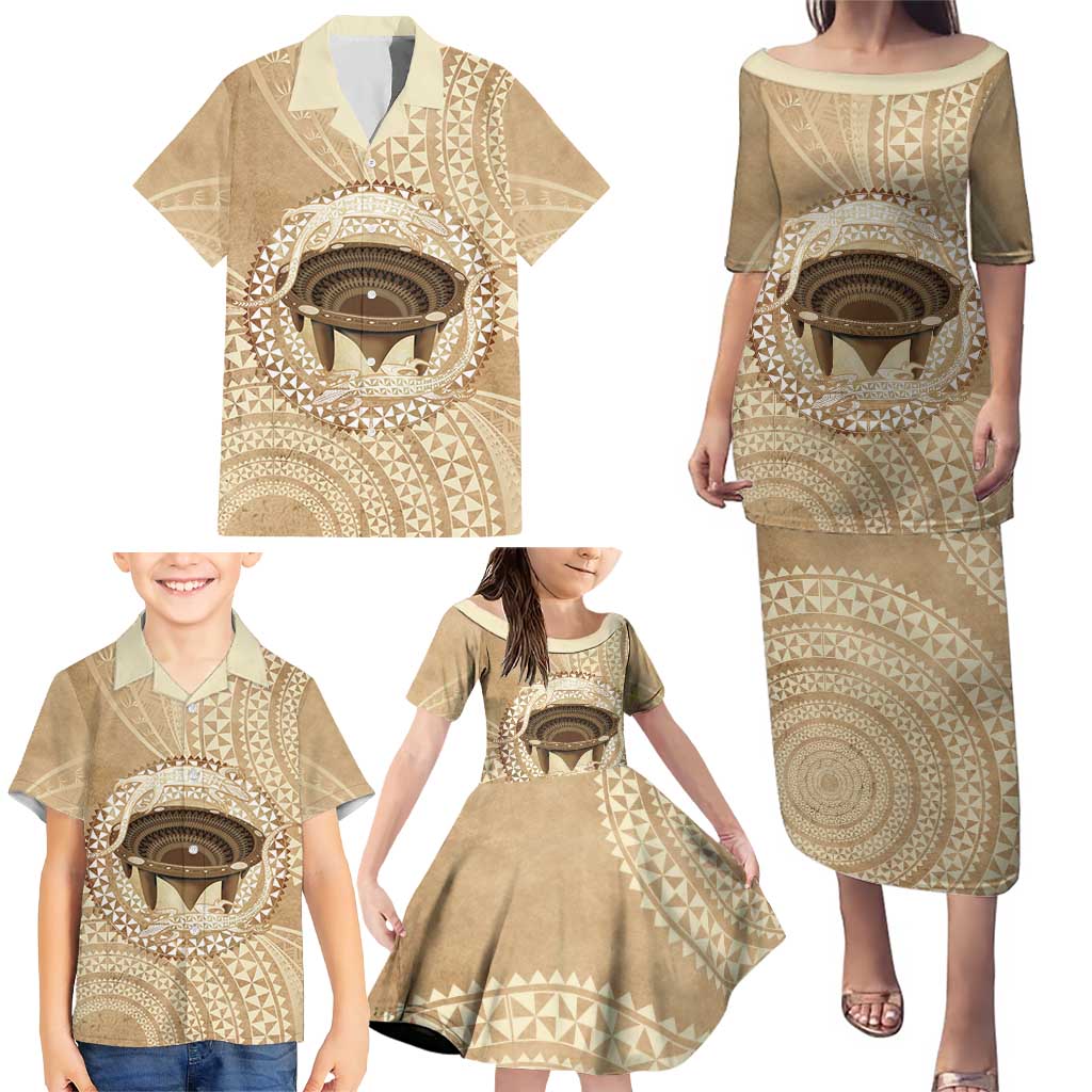 Tonga Skink Kava Bowl Family Matching Puletasi and Hawaiian Shirt Vintage Tongan Ngatu Pattern LT14 - Polynesian Pride