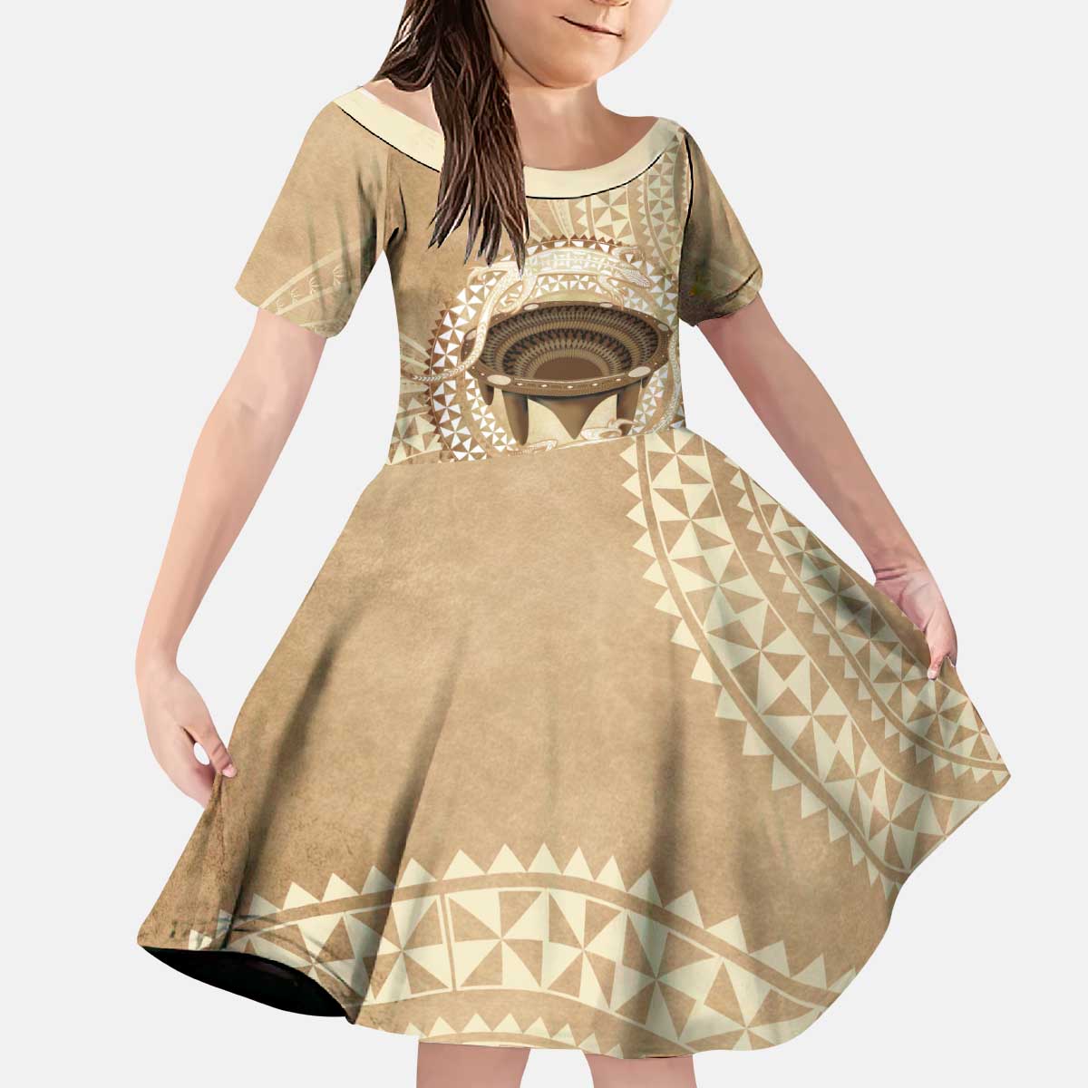 Tonga Skink Kava Bowl Kid Short Sleeve Dress Vintage Tongan Ngatu Pattern