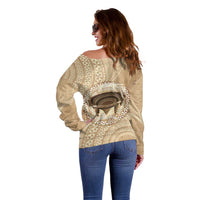 Tonga Skink Kava Bowl Off Shoulder Sweater Vintage Tongan Ngatu Pattern