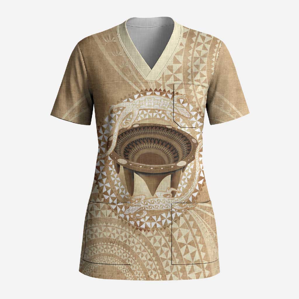 Tonga Skink Kava Bowl Scrub Top Vintage Tongan Ngatu Pattern