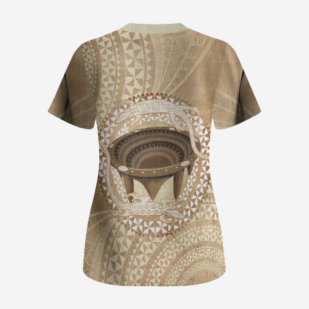 Tonga Skink Kava Bowl Scrub Top Vintage Tongan Ngatu Pattern