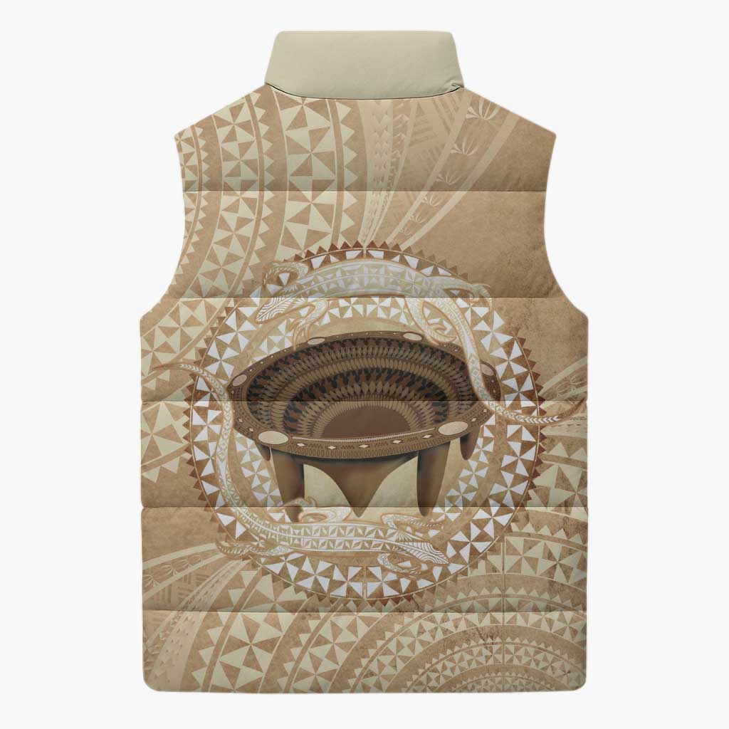 Tonga Skink Kava Bowl Sleeveless Puffer Jacket Vintage Tongan Ngatu Pattern