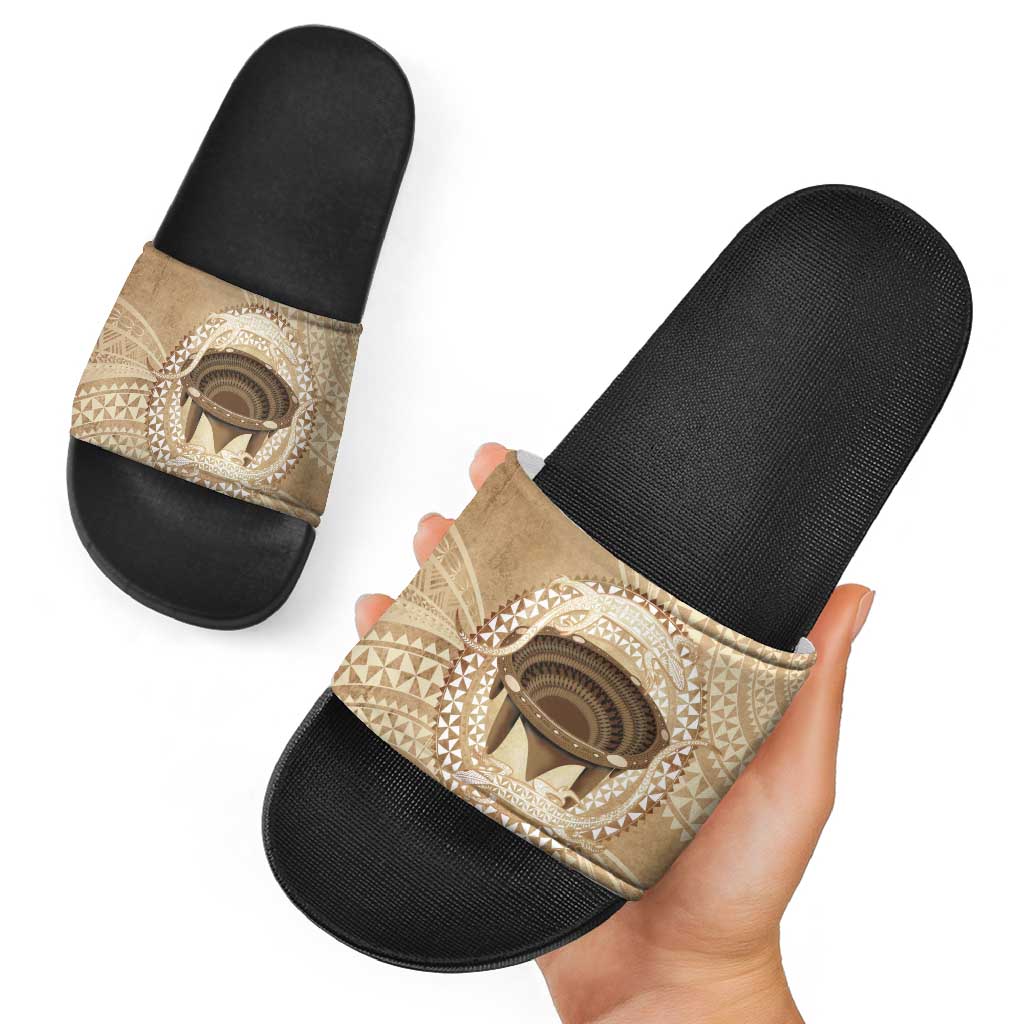 Tonga Skink Kava Bowl Slide Sandals Vintage Tongan Ngatu Pattern