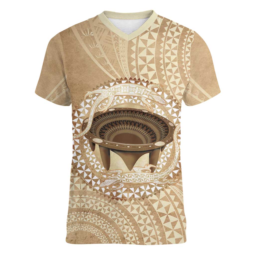 Tonga Skink Kava Bowl Women V-Neck T-Shirt Vintage Tongan Ngatu Pattern