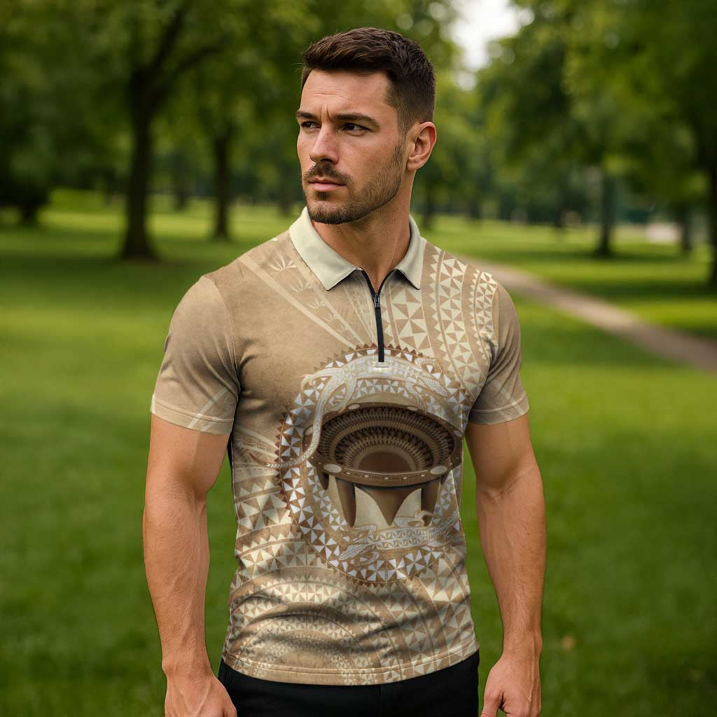 Tonga Skink Kava Bowl Zipper Polo Shirt Vintage Tongan Ngatu Pattern