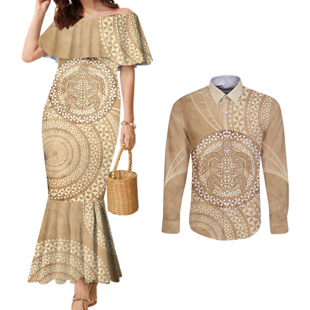 Tonga Ngatu Turtle Couples Matching Mermaid Dress and Long Sleeve Button Shirt Vintage Tongan Tapa Cloth