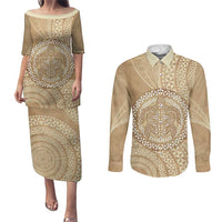 Tonga Ngatu Turtle Couples Matching Puletasi and Long Sleeve Button Shirt Vintage Tongan Tapa Cloth