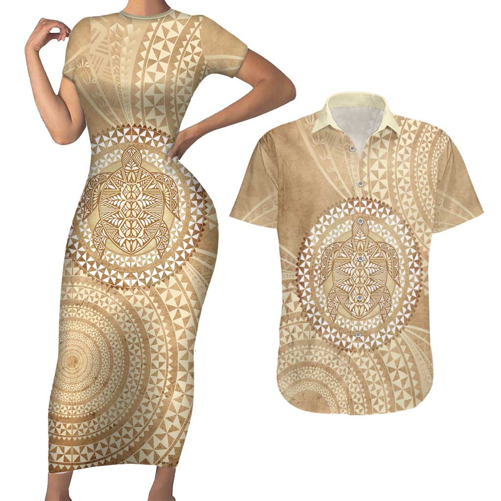 Tonga Ngatu Turtle Couples Matching Short Sleeve Bodycon Dress and Hawaiian Shirt Vintage Tongan Tapa Cloth