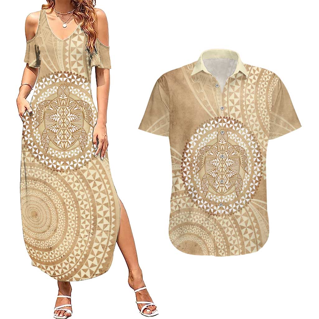 Tonga Ngatu Turtle Couples Matching Summer Maxi Dress and Hawaiian Shirt Vintage Tongan Tapa Cloth