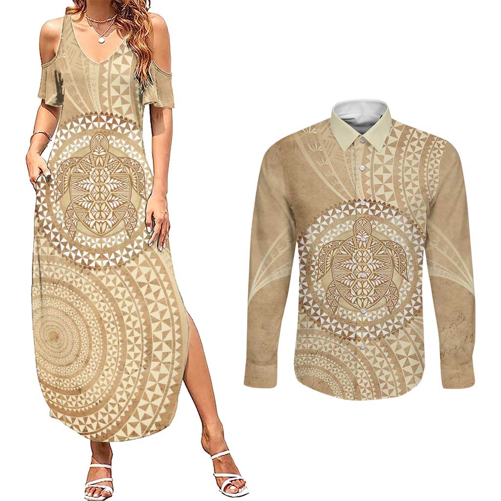 Tonga Ngatu Turtle Couples Matching Summer Maxi Dress and Long Sleeve Button Shirt Vintage Tongan Tapa Cloth