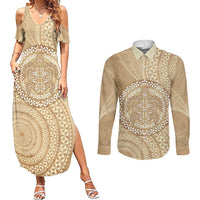 Tonga Ngatu Turtle Couples Matching Summer Maxi Dress and Long Sleeve Button Shirt Vintage Tongan Tapa Cloth