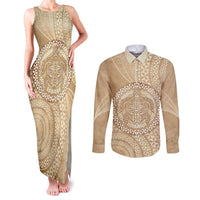 Tonga Ngatu Turtle Couples Matching Tank Maxi Dress and Long Sleeve Button Shirt Vintage Tongan Tapa Cloth
